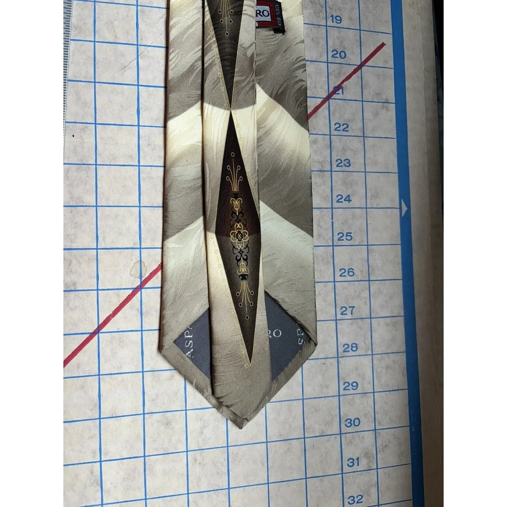 Gasparo Mens Silk Tie Brown Champagne Geometric Filigree Crest‎ Handmade Korea